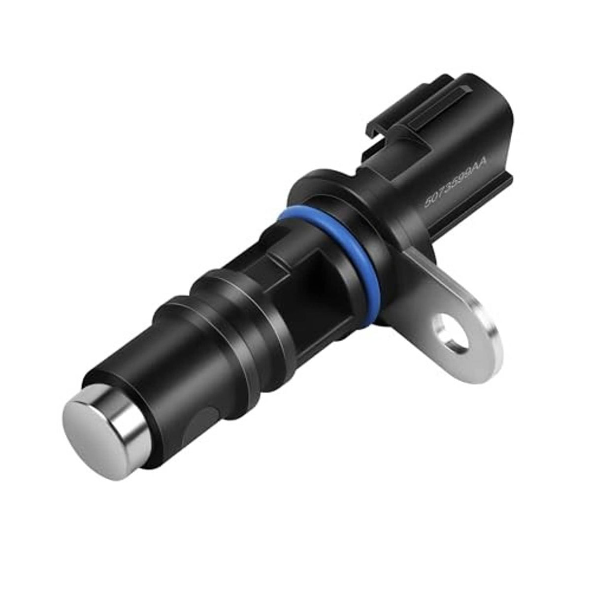 Camshaft position sensor with blue seal ring, silver mounting plate, and black connector