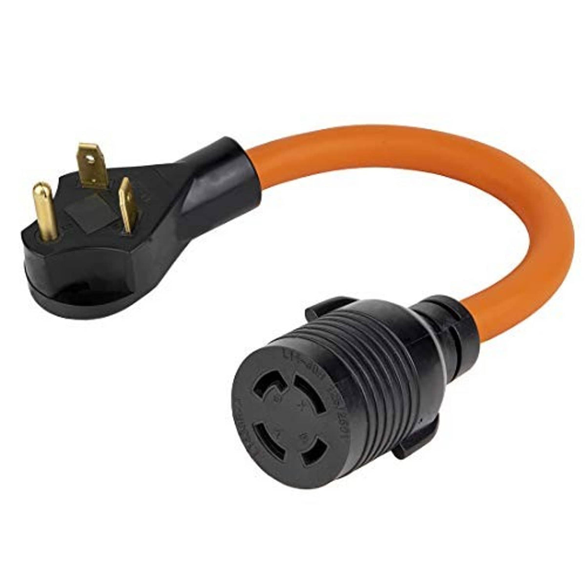 30-amp RV power adapter with orange cord, black plug end and L14-30R outlet
