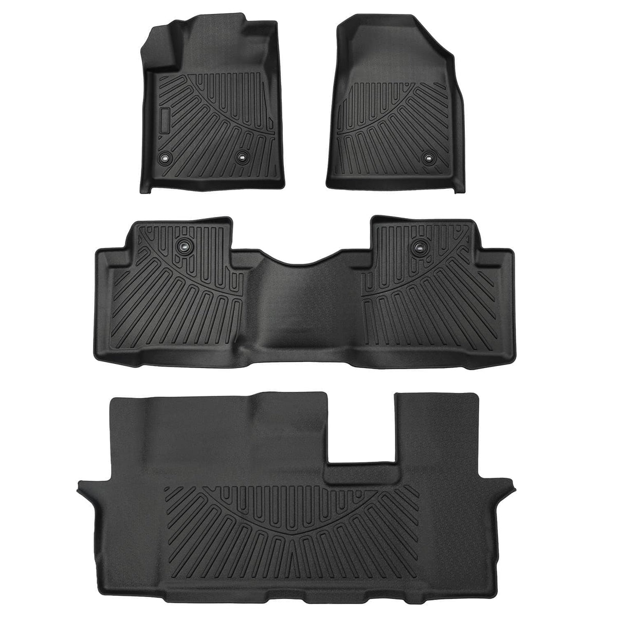 Black TPE floor mats set with ribbed tread texture and circular fastener points