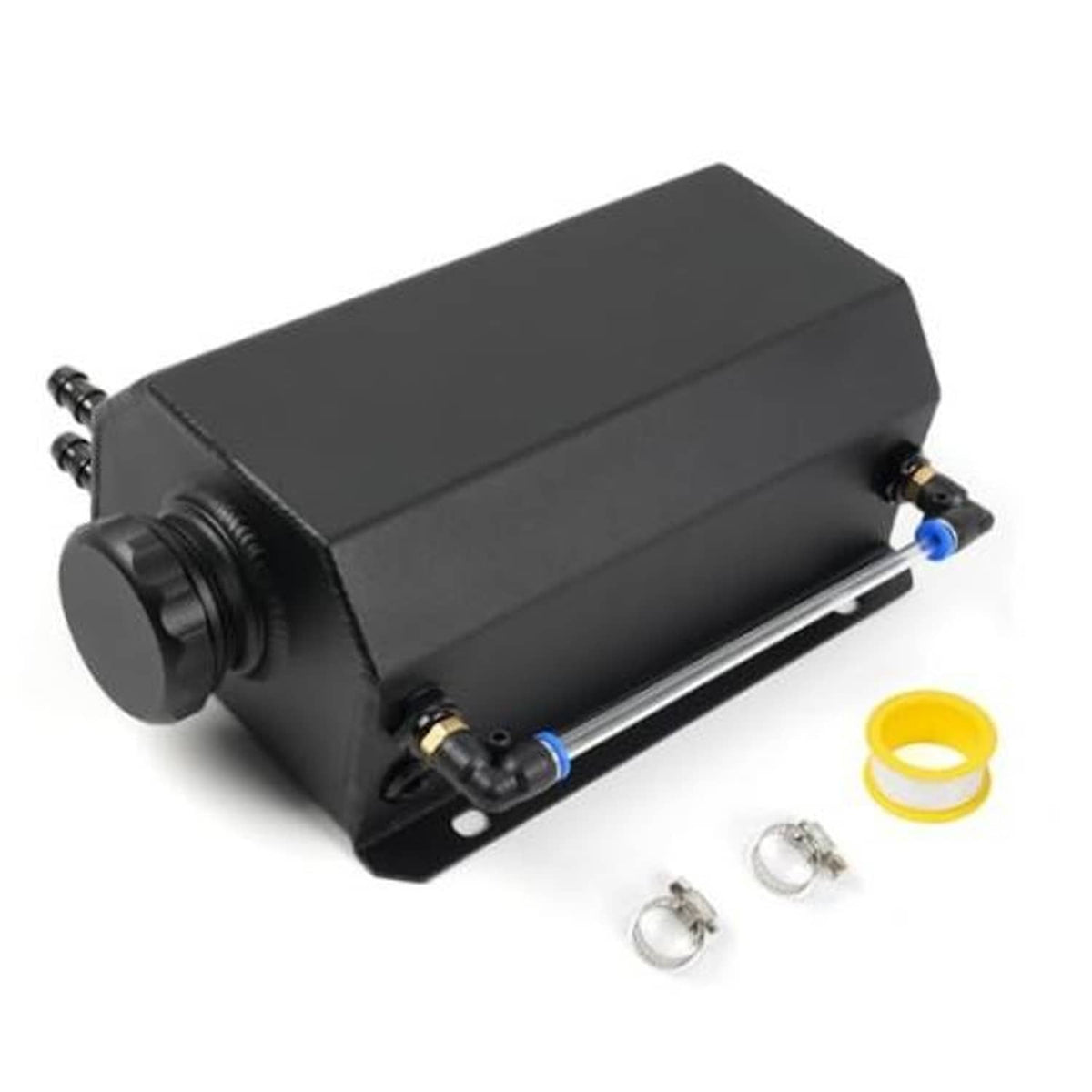 Black aluminum coolant overflow tank with hose ports and mounting bracket, includes O-ring cap