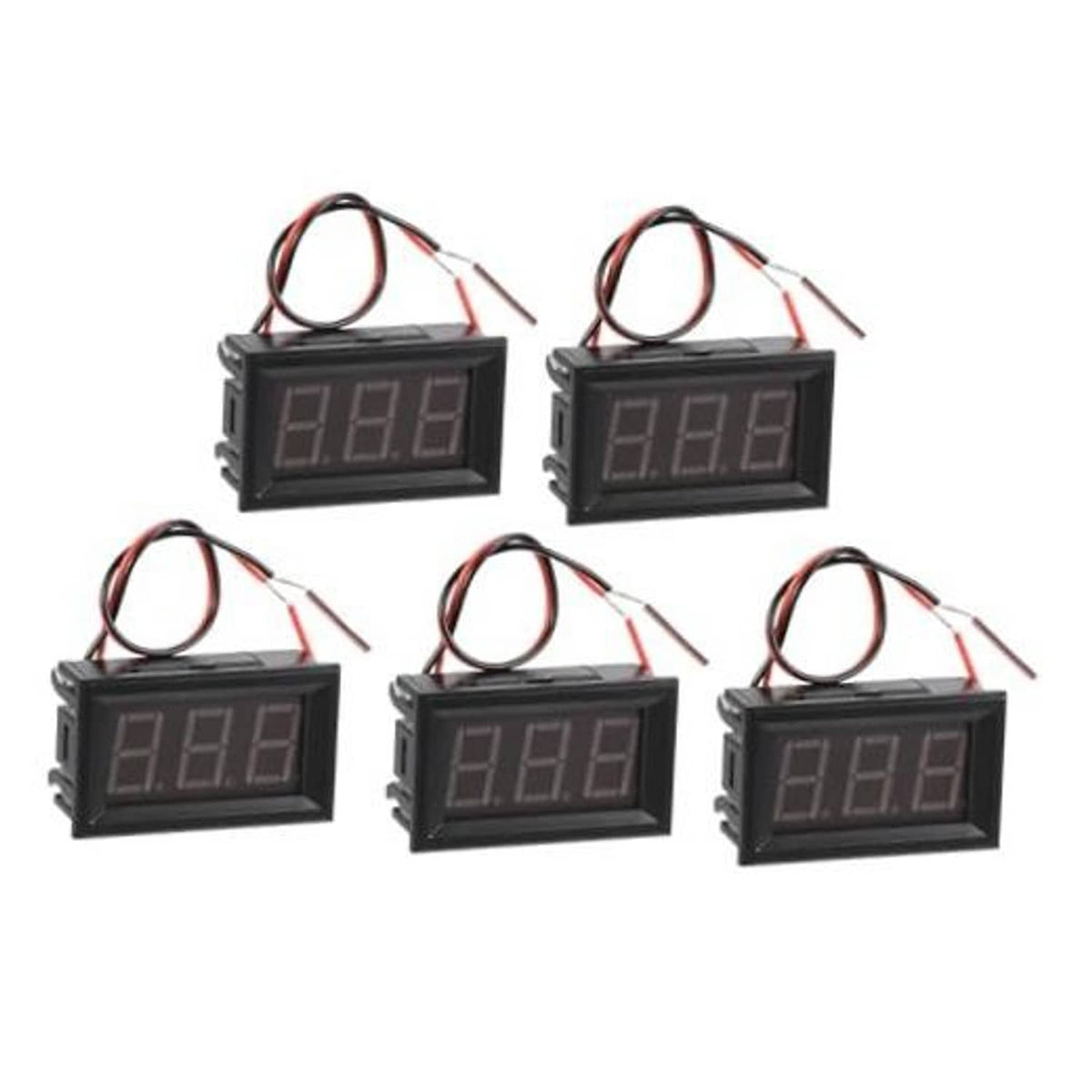 Digital voltmeter module set with black housing, blue LED digits, and red/black leads