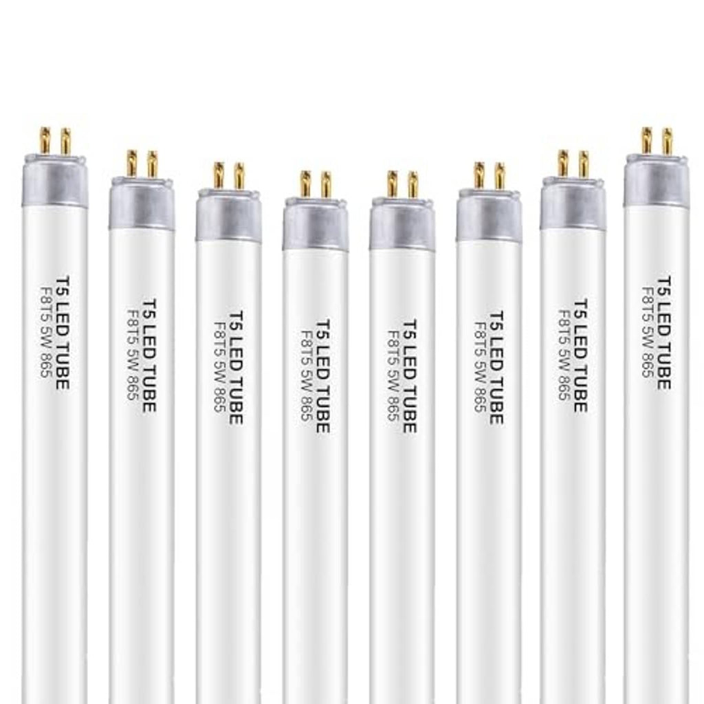 12-inch T5 LED tube bulbs, frosted white glass, gold pin bases, 6500K daylight