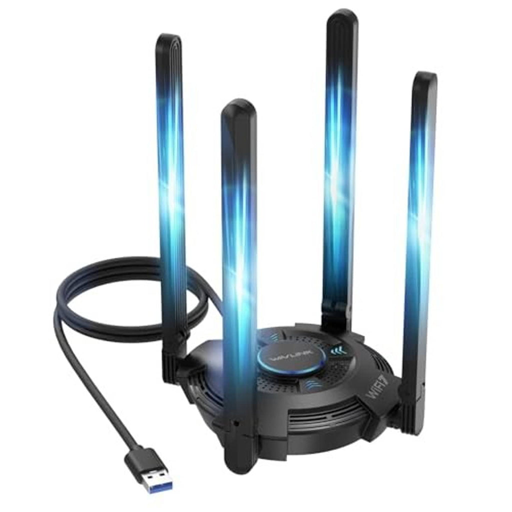 Black USB WiFi adapter with three external antennas and USB plug cable