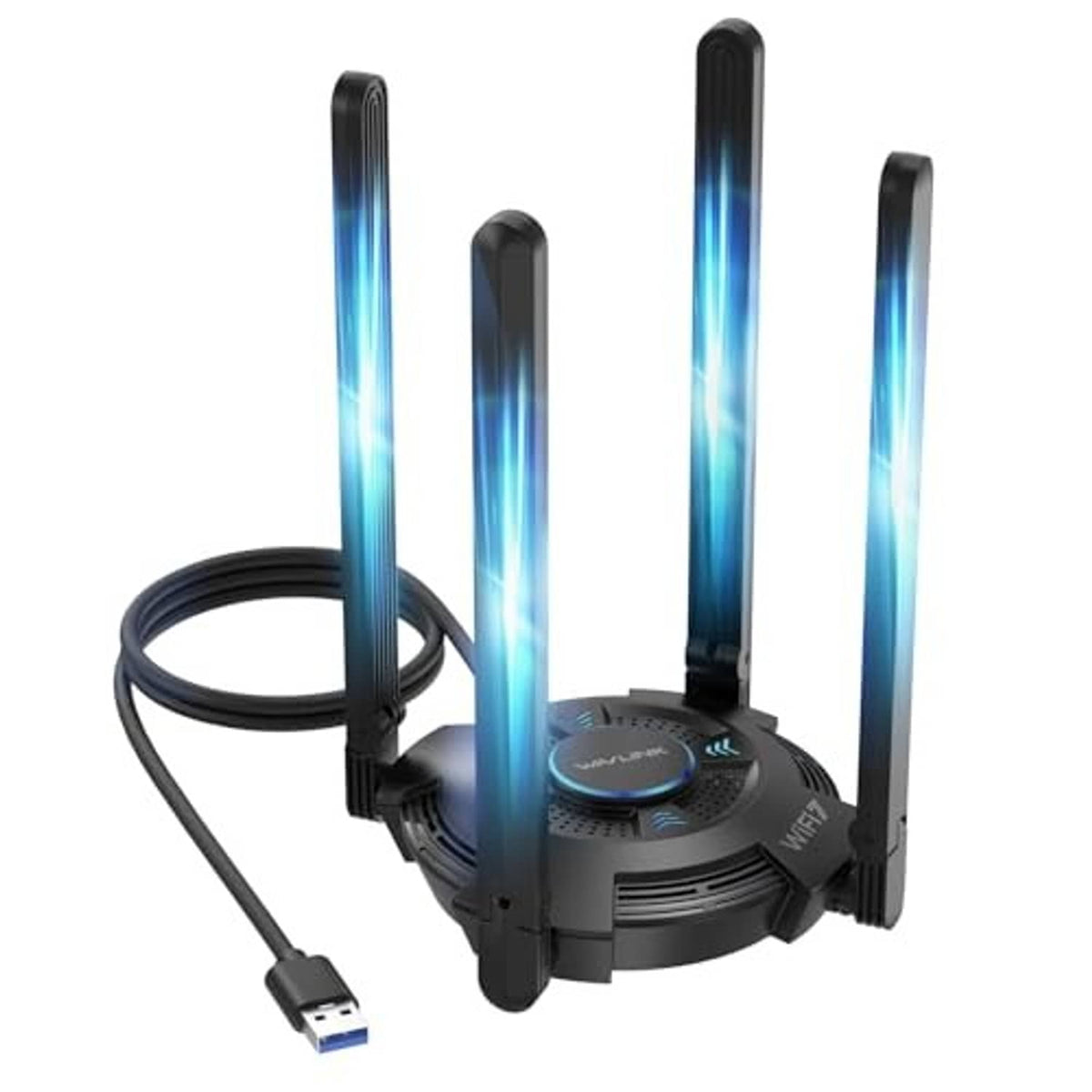 Black USB WiFi adapter with three external antennas and USB plug cable