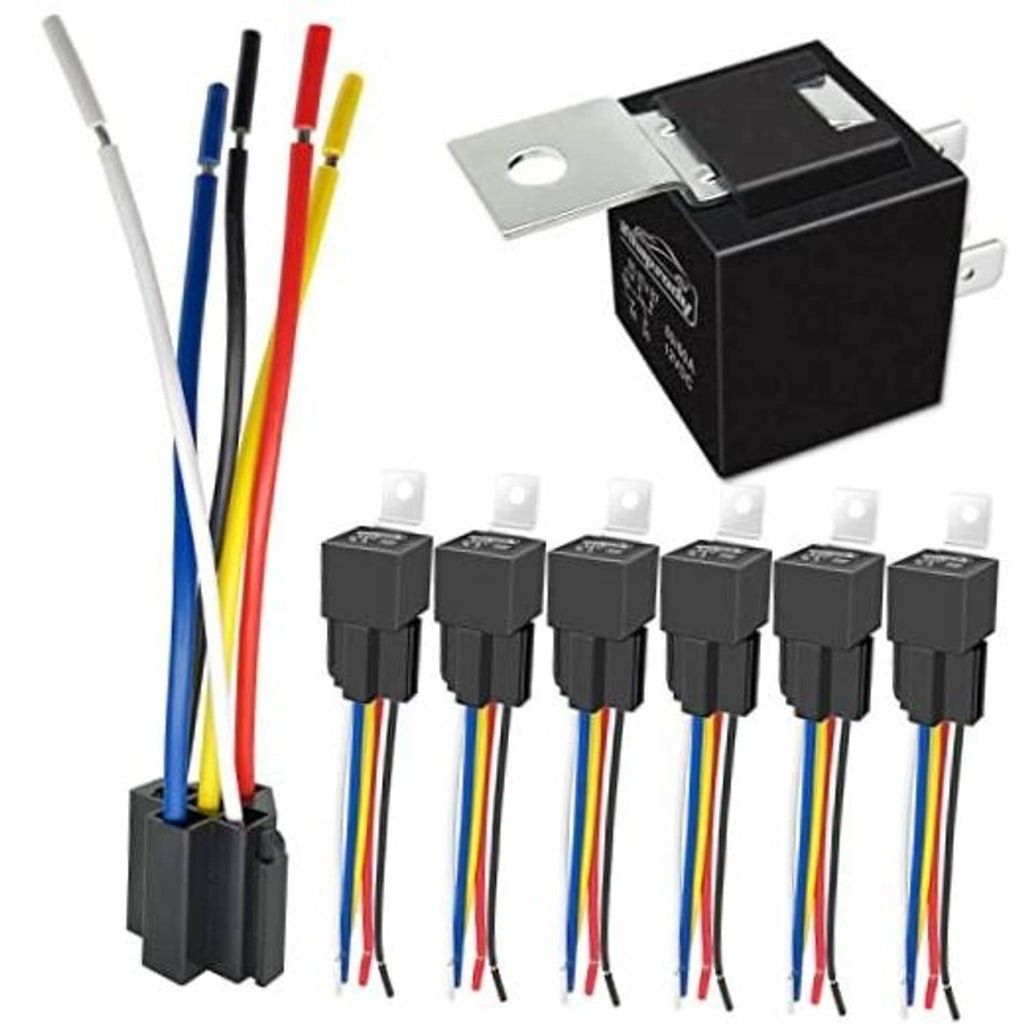 Automotive SPDT relay kit with terminal harness and 6 black relays, color-coded wires