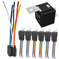 Automotive SPDT relay kit with terminal harness and 6 black relays, color-coded wires