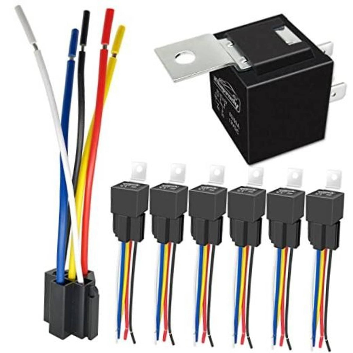 Automotive SPDT relay kit with terminal harness and 6 black relays, color-coded wires