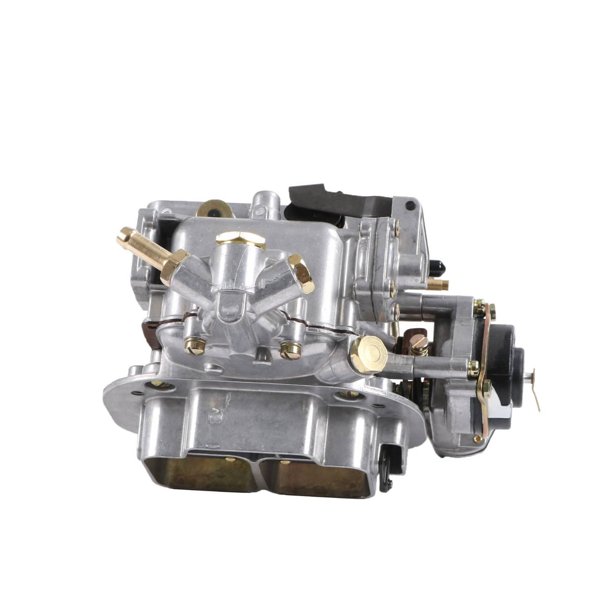 Silver two-barrel carburetor with black air horn and mounting bracket