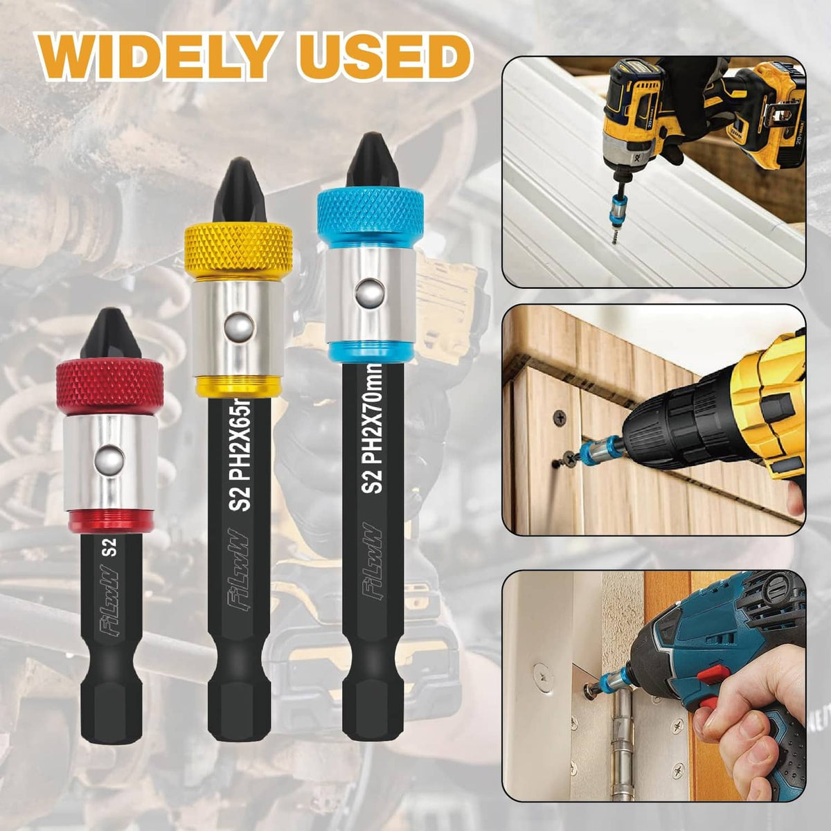 Magnetic screw ring set with red, blue, and yellow tips plus S2 PH2 bits