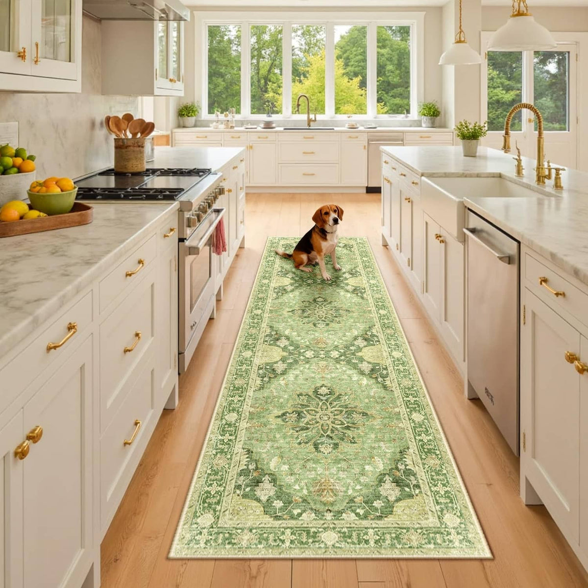 Green rectangular runner rug with ornate floral medallion pattern and border.