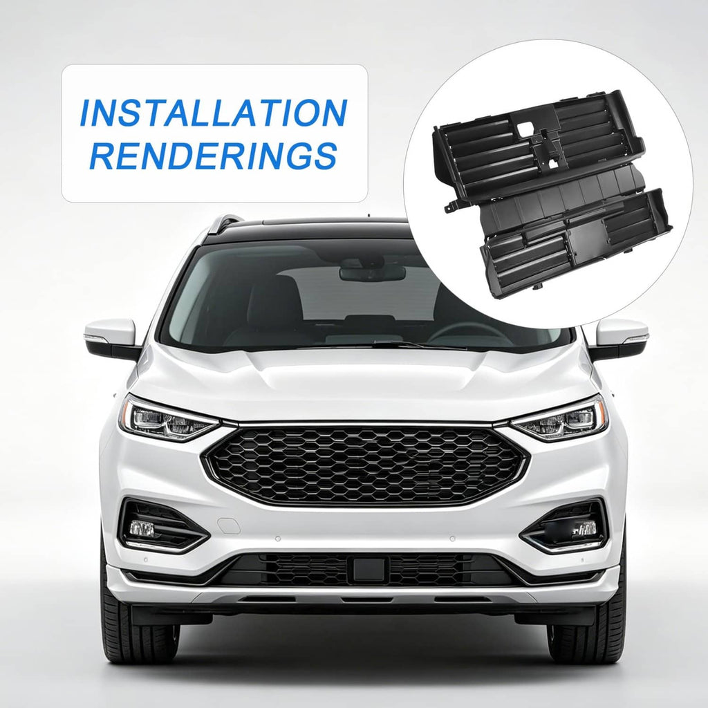 Active grille shutter motor assembly shown at front grille area with shutter panel insert