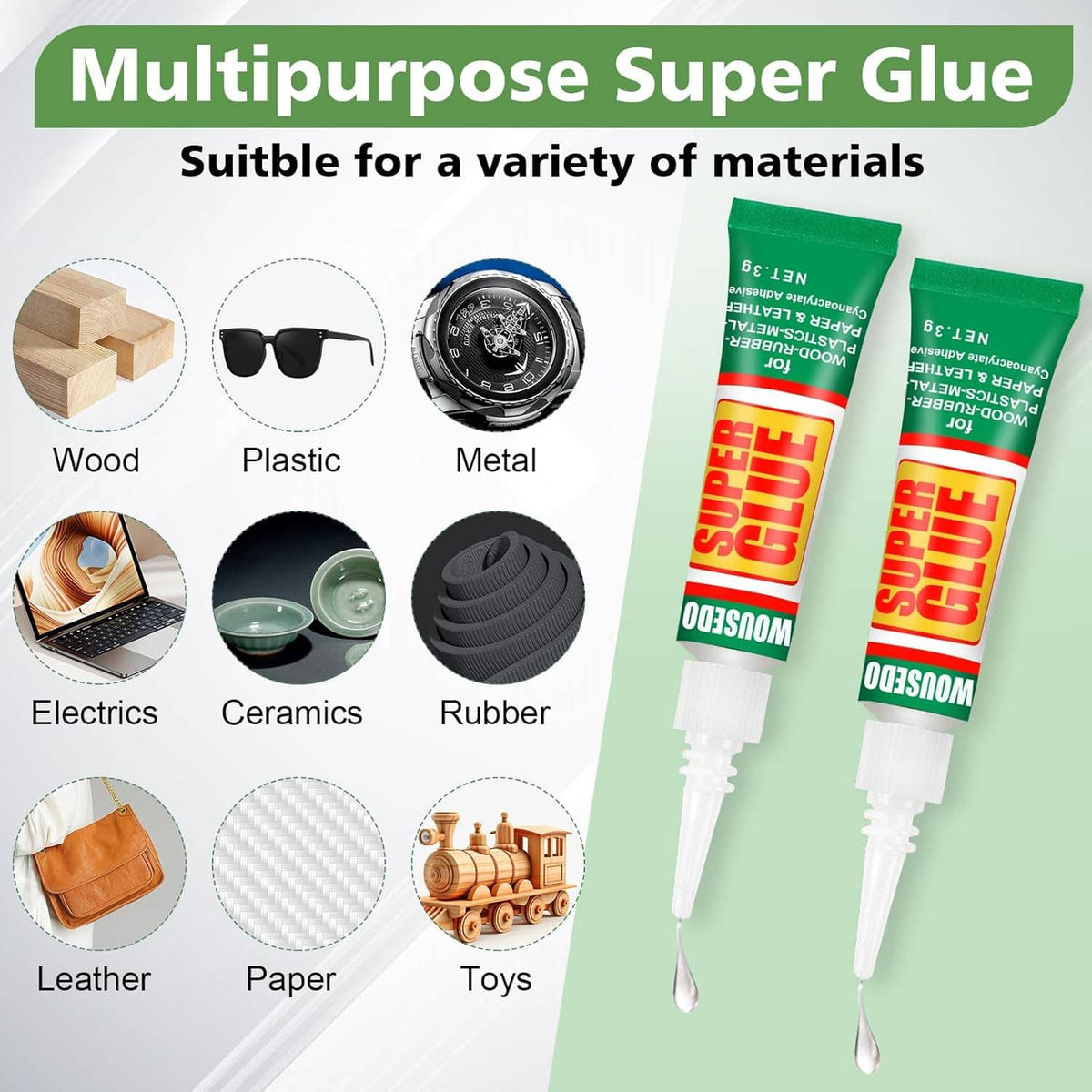 Multi-purpose super glue tubes with icons for wood, plastic, metal, electronics