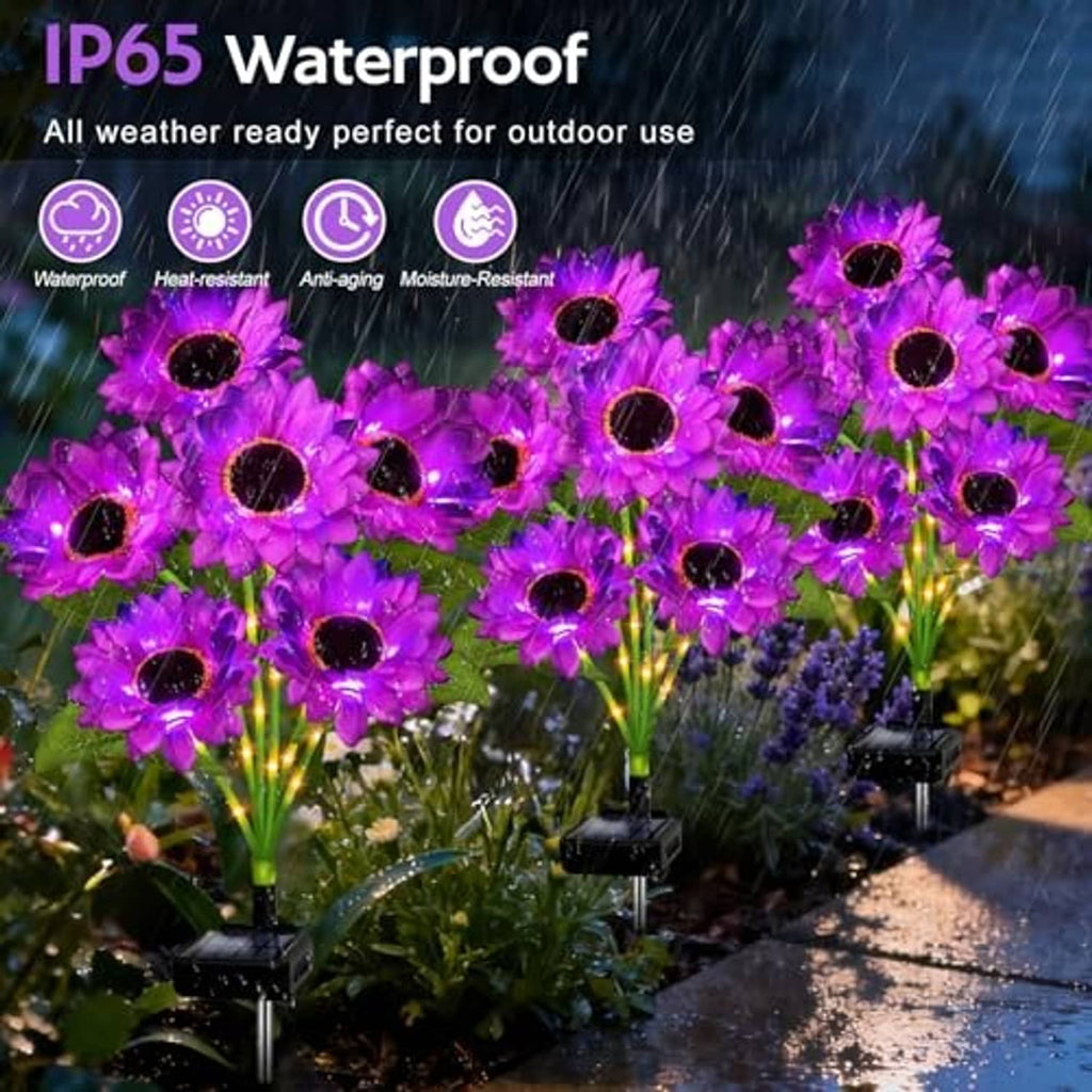 Purple solar sunflower lights with bright glow, black stakes among garden flowers