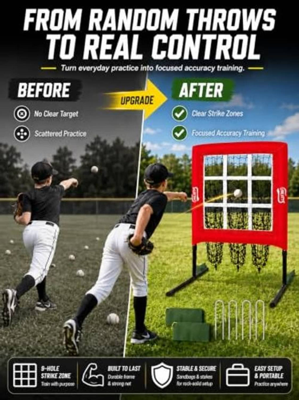 Red pitching strike-zone net with square grid plus green aiming guide and stakes