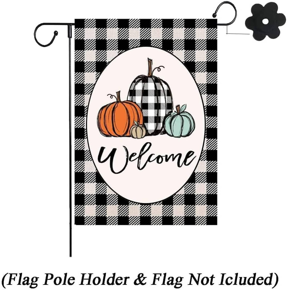 Buffalo check fall garden flag with pumpkin and “Welcome” text