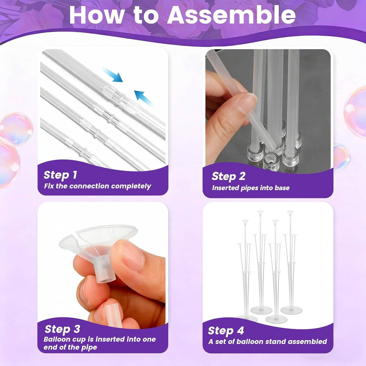 Balloon stand kit assembly steps: insert pipe into PVC base, then attach top