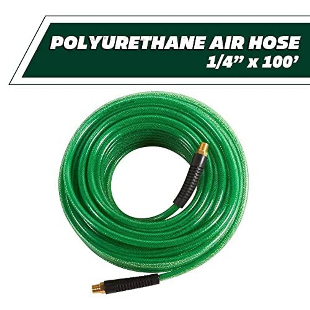 Polyurethane air hose label with coiled green hose and brass-and-black connector ends.