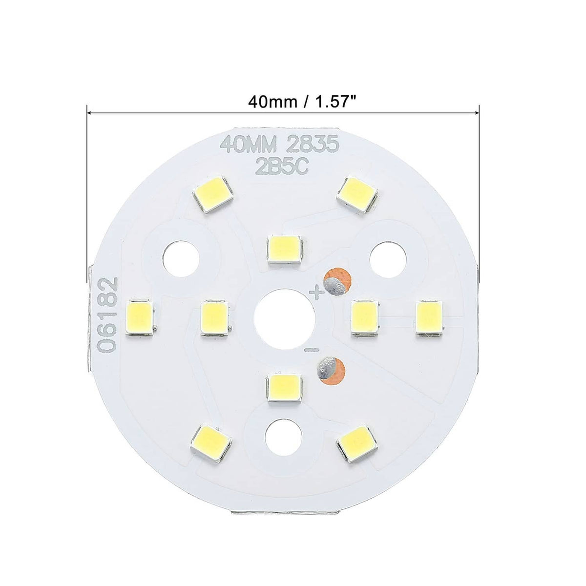 Round 40mm white LED chip board with SMD LEDs, center cutout holes, and markings