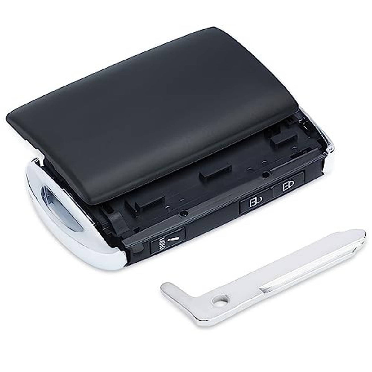 Black key fob shell cover with side button panel and metal emergency key blade