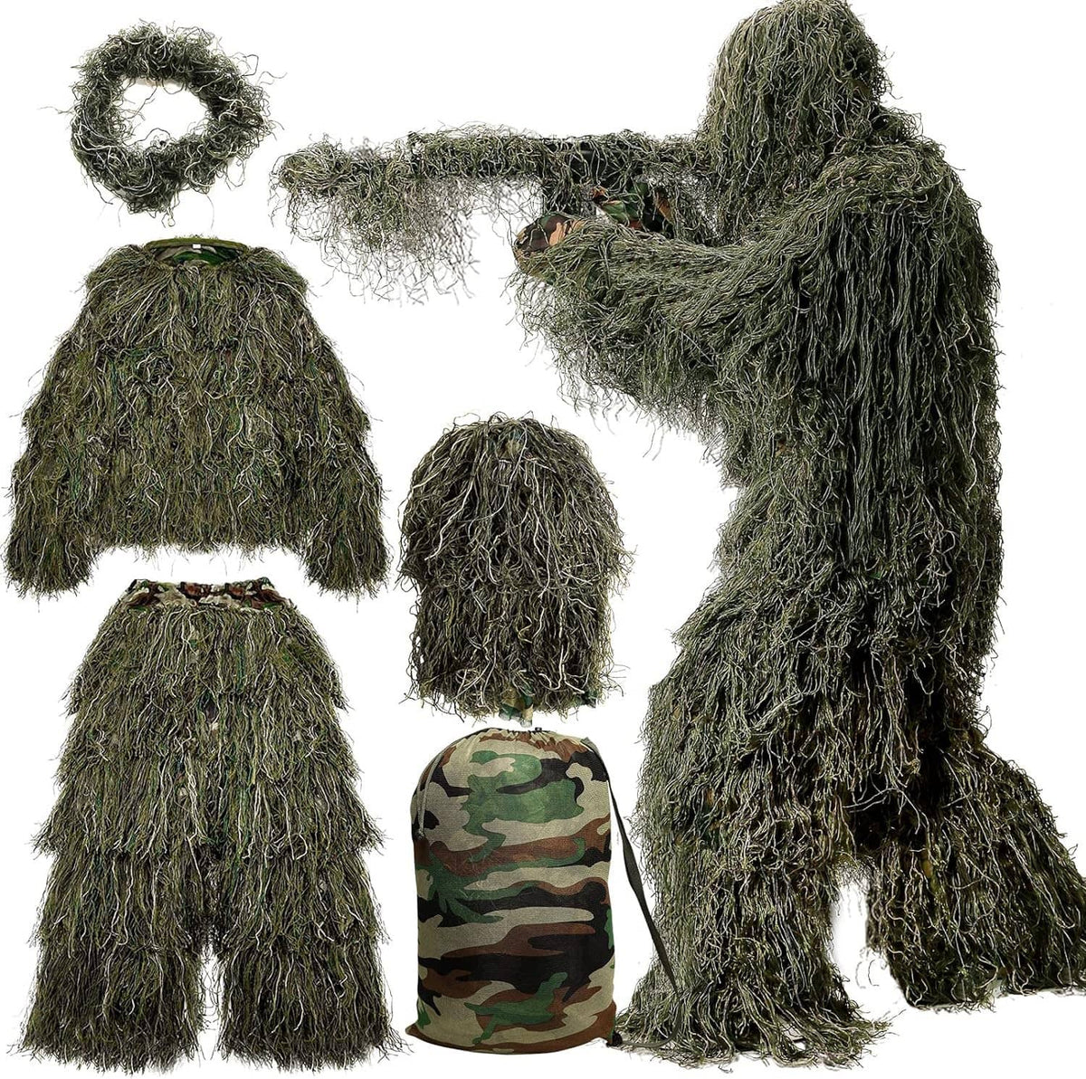 Ghillie suit kit with green 3D camouflage jacket, pants, hood, and camo carry bag