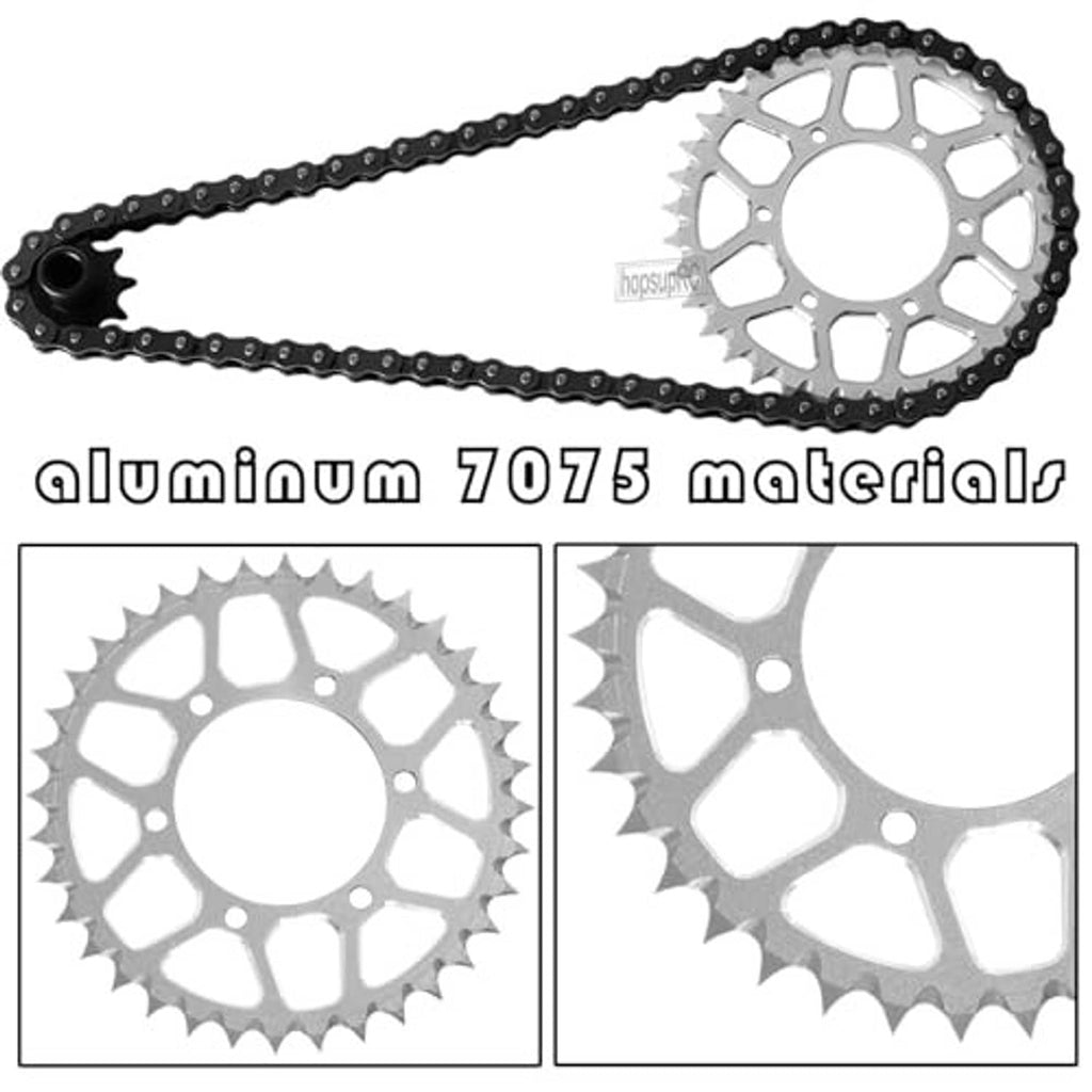 Aluminum 7075 style rear sprocket with black roller chain and silver 36T gear