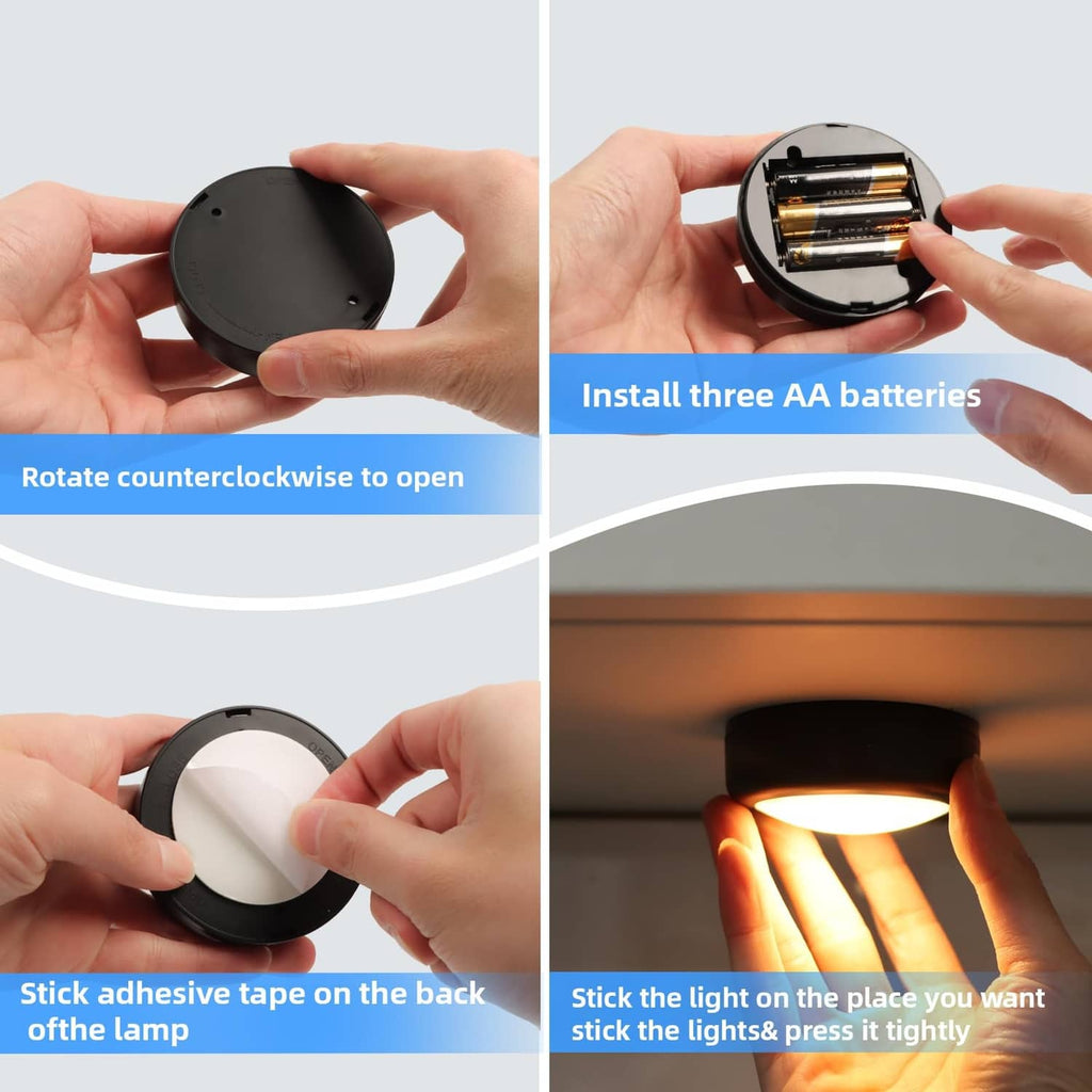Battery compartment and adhesive mounting for round black LED puck light