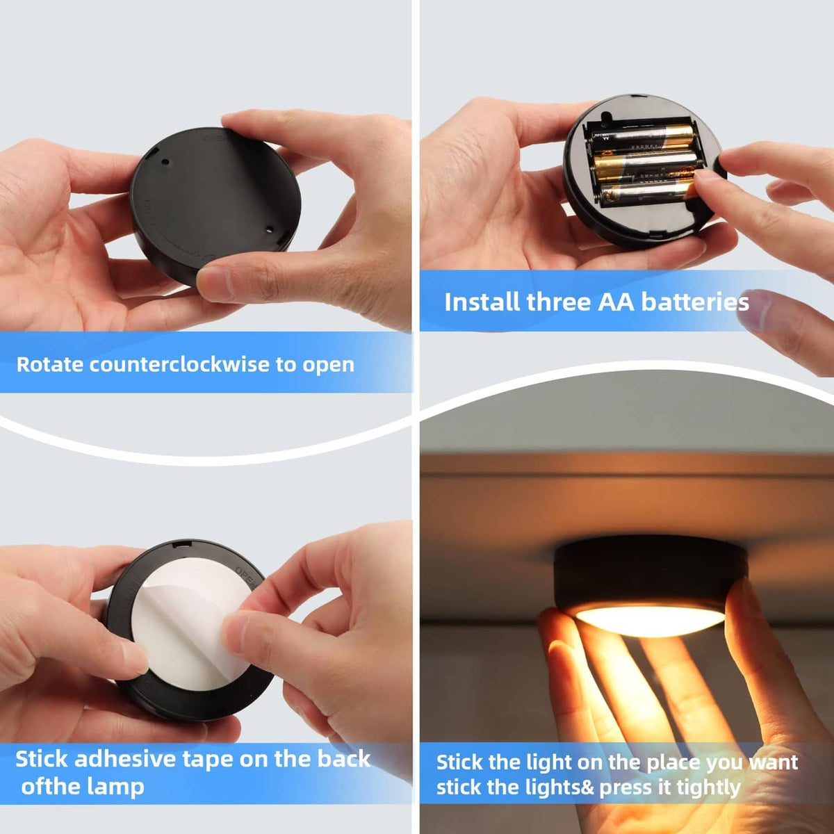 Battery compartment and adhesive mounting for round black LED puck light