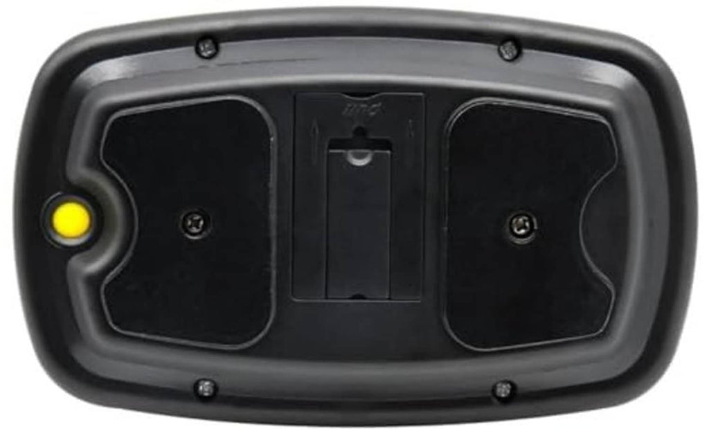 Black rear housing of an amber LED magnetic warning light with mounting plate.