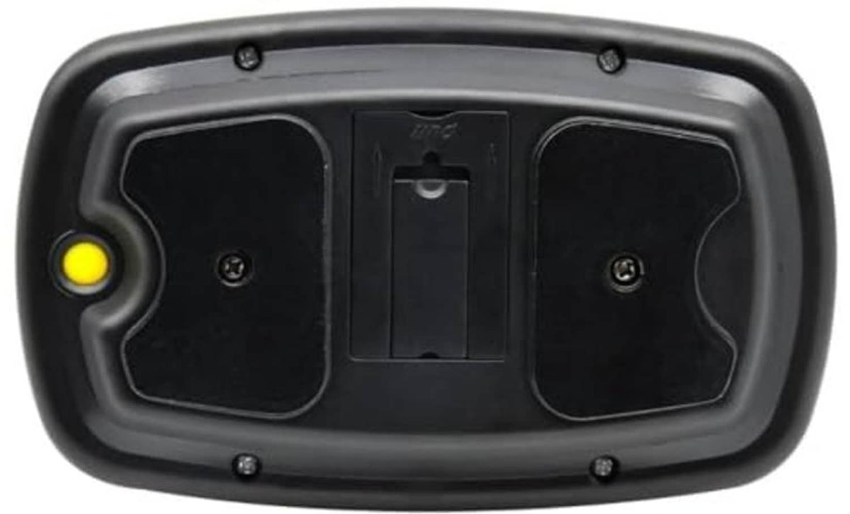 Black rear housing of an amber LED magnetic warning light with mounting plate.