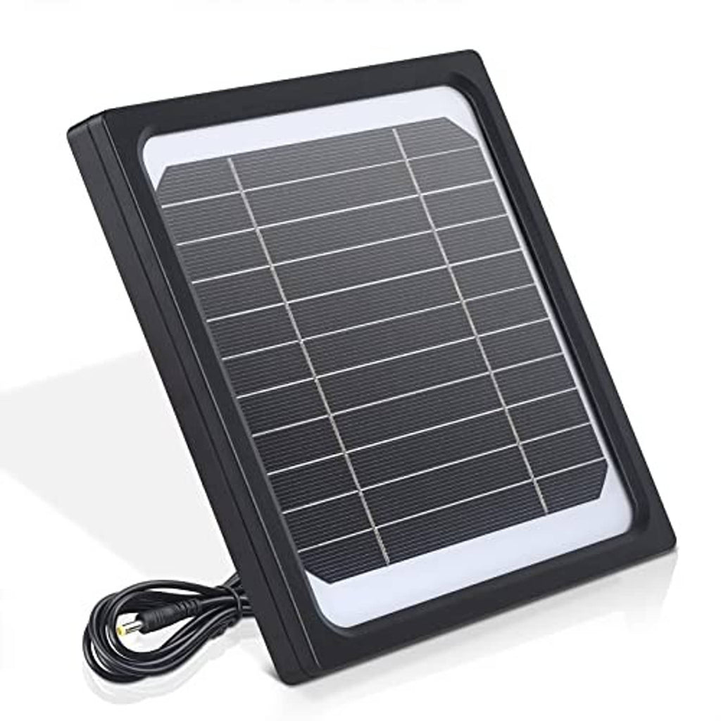 Black solar panel charger with attached cable and tilted framed glass