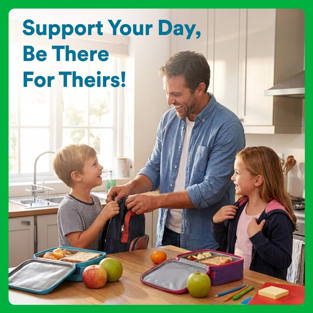 Family kitchen promotional card featuring an adult man and children near lunch items