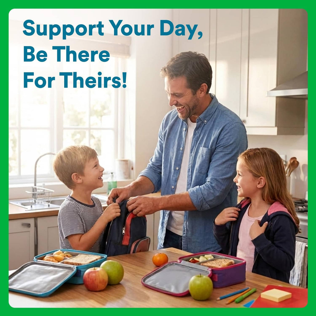 Family kitchen promotional card featuring an adult man and children near lunch items