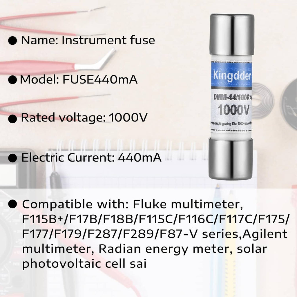 Silver fuse tube with blue Kingdder label marked 1000V and 440mA