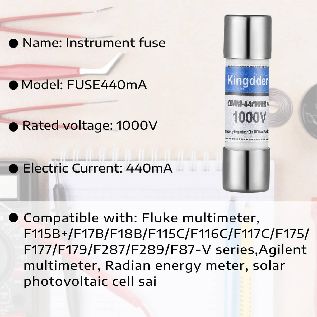 Silver fuse tube with blue Kingdder label marked 1000V and 440mA