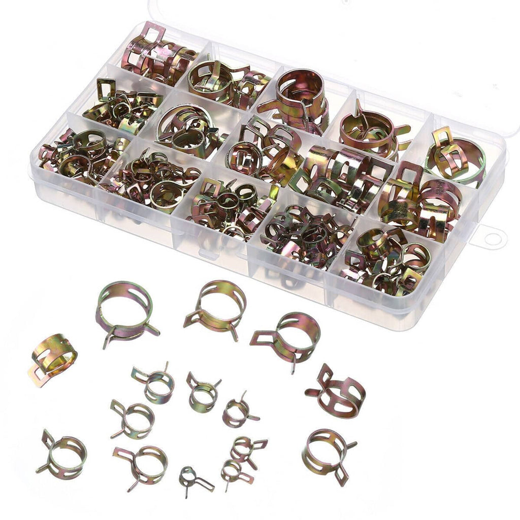 Assorted spring hose clamps, mixed sizes, laid out around a clear organizer box