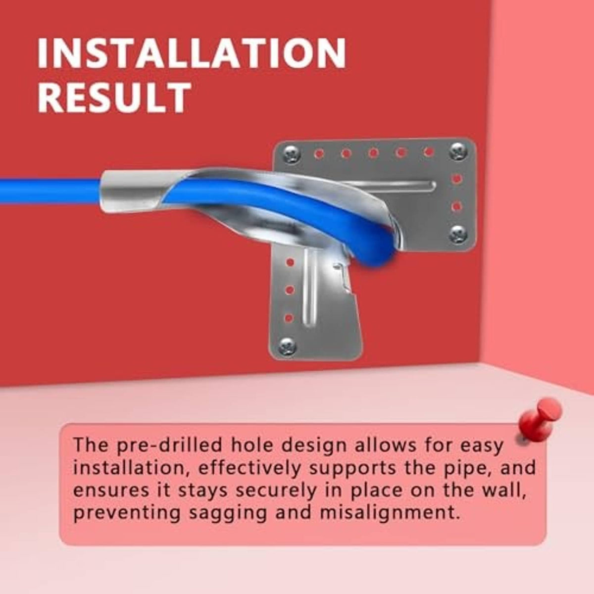 Metal 90-degree elbow support bracket with nail flange on blue pipe, shiny silver