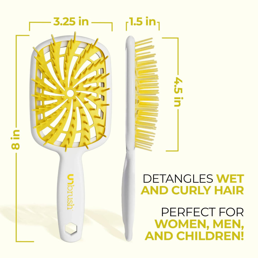 UNbrush detangling brush showing front and side bristle profiles in white and yellow
