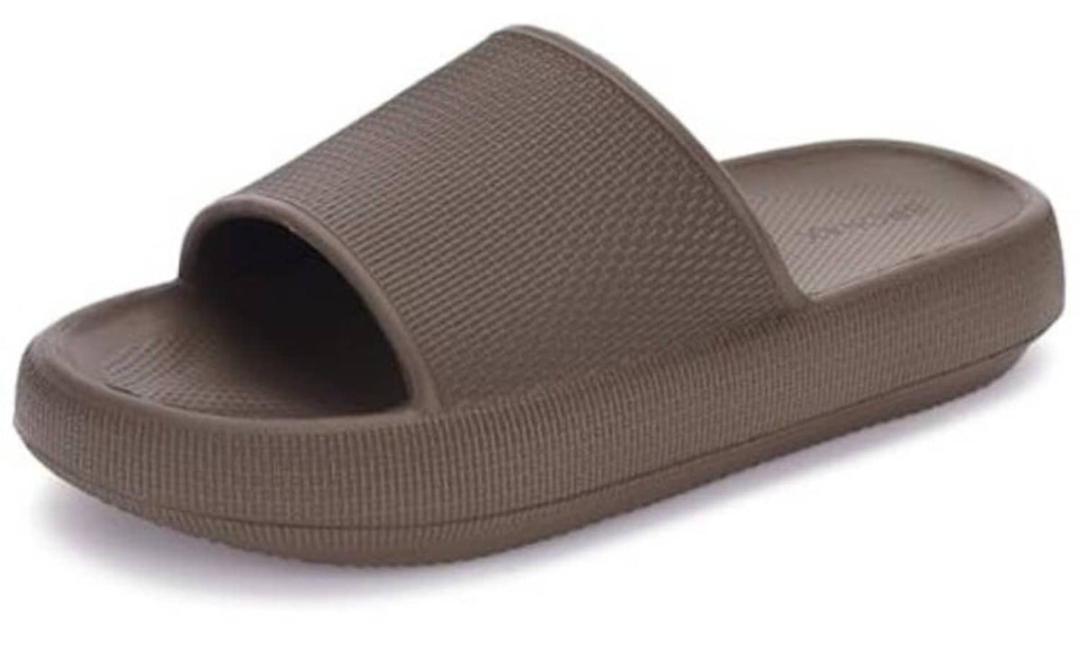 Brown slip-on pillow slippers with open toe and textured knit upper