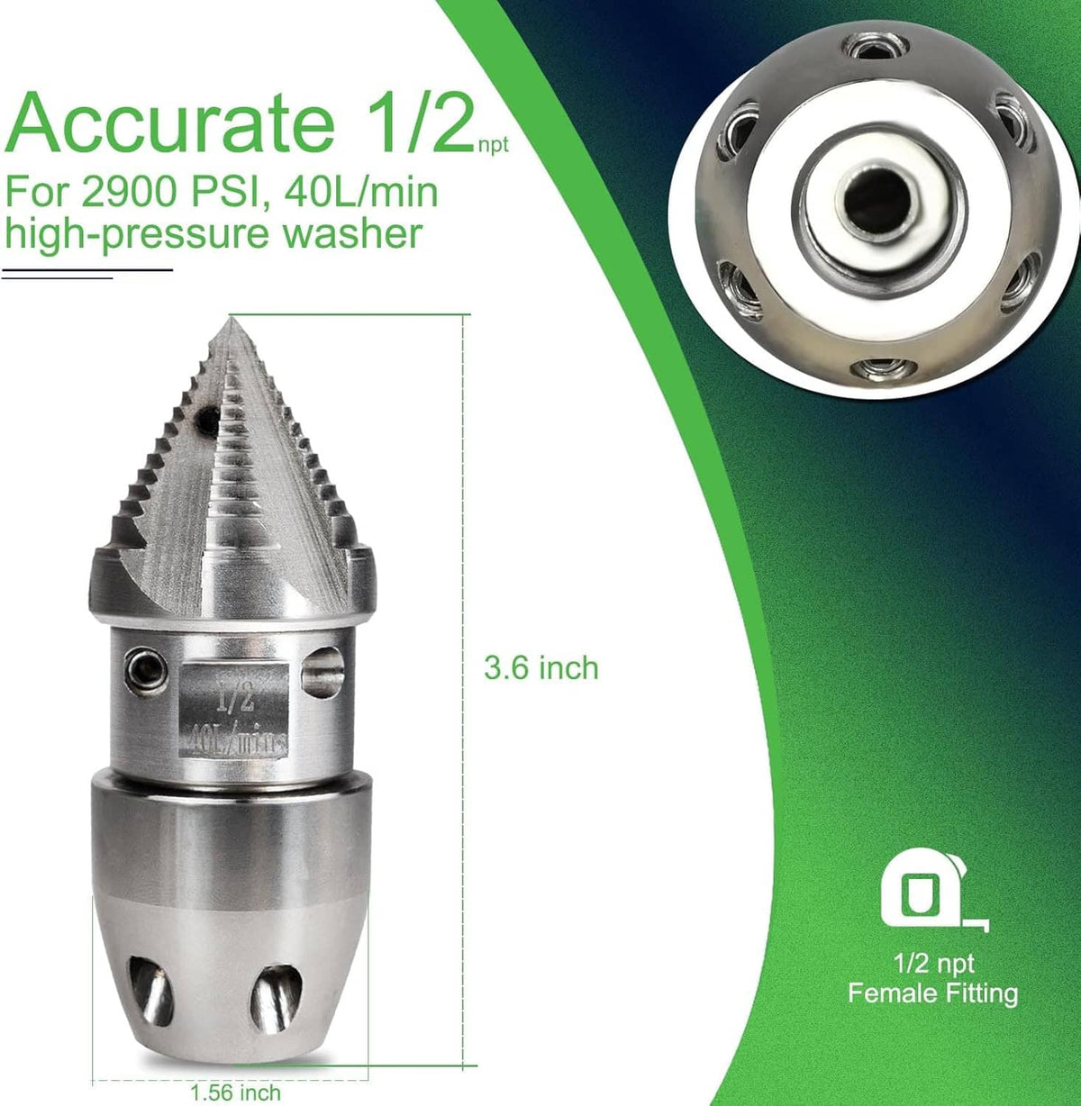Stainless steel 1/2 NPT sewer jetter nozzle with threaded inlet and jet ports
