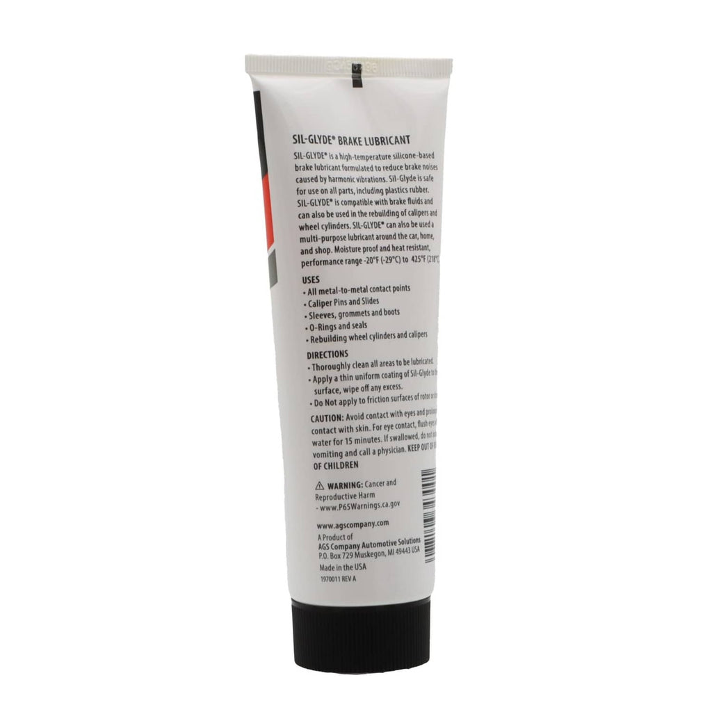 AGS SIL-Glyde brake lubricant tube, back label view with ingredient and use information