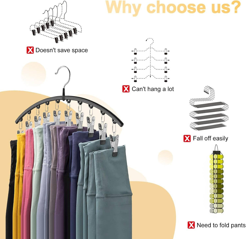 Metal legging organizer hanger with clips holding multiple folded pants
