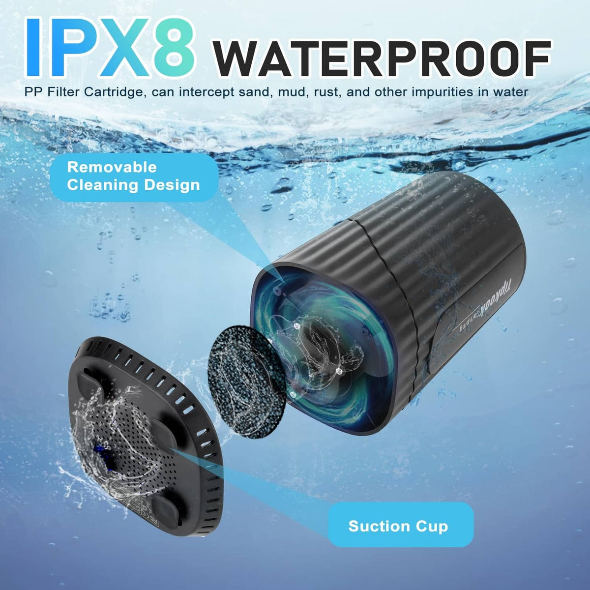 IPX8 camping shower pump with removable filter cartridge and suction cup base