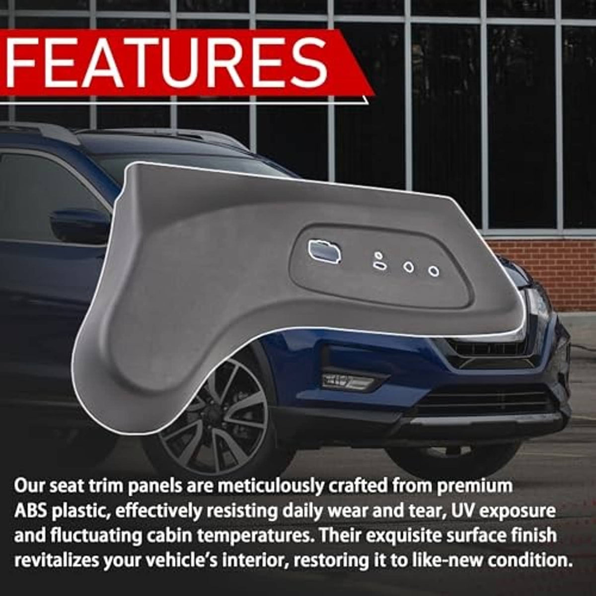 Front driver seat trim panel on vehicle interior trim, black with control cutouts
