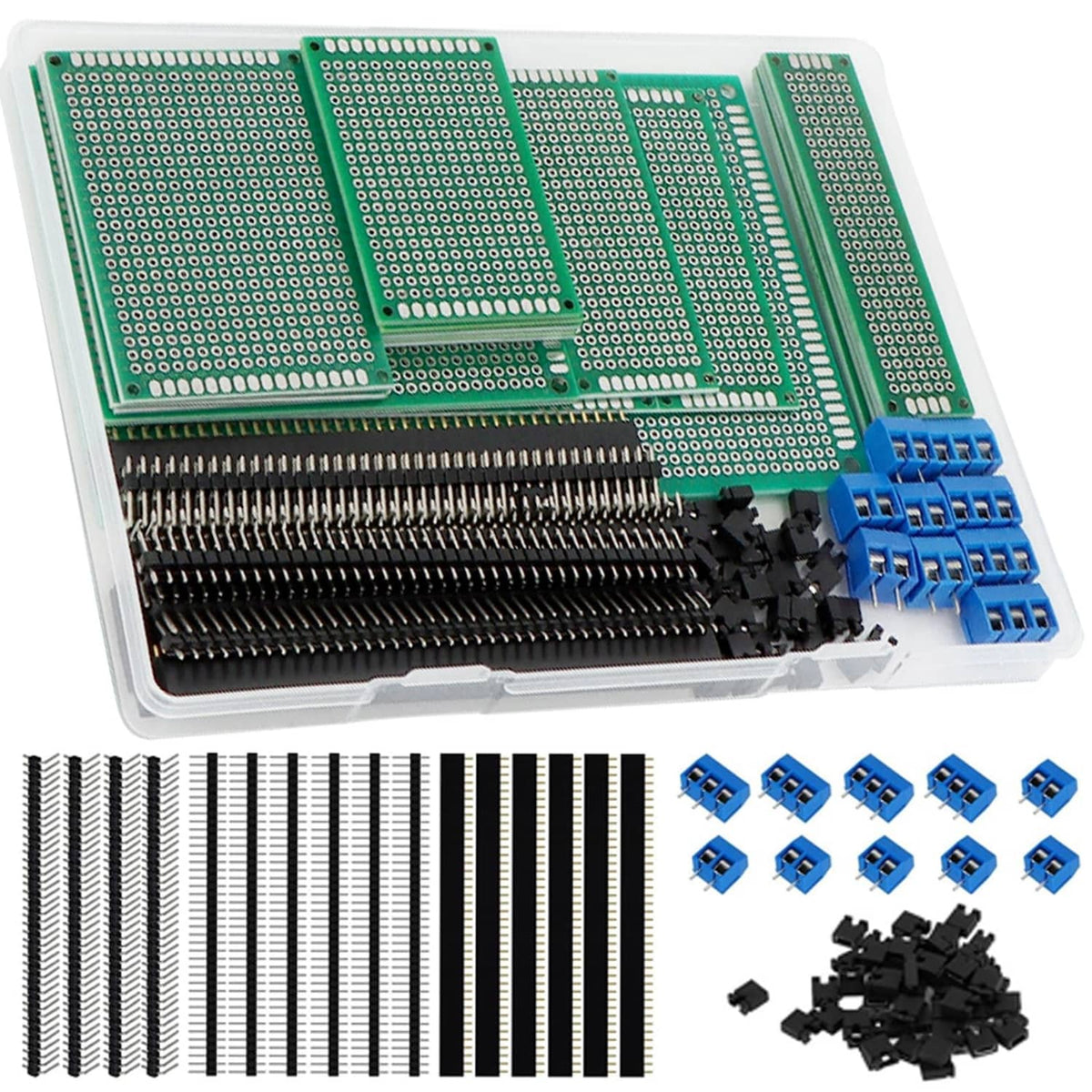 PCB prototyping kit with double-sided perf boards, pin headers, terminal blocks, jumpers in case