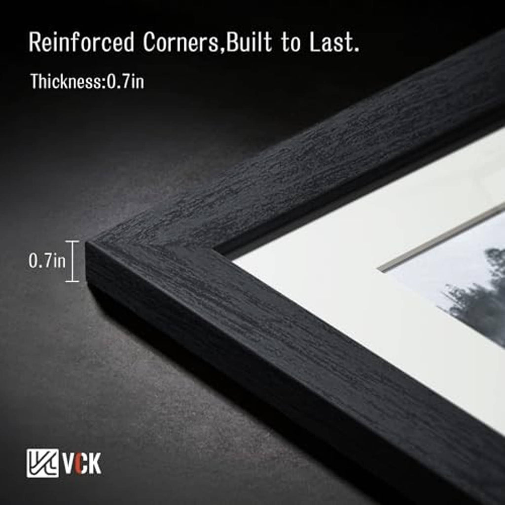 Black wood picture frame corner with textured finish and 0.7 in thickness