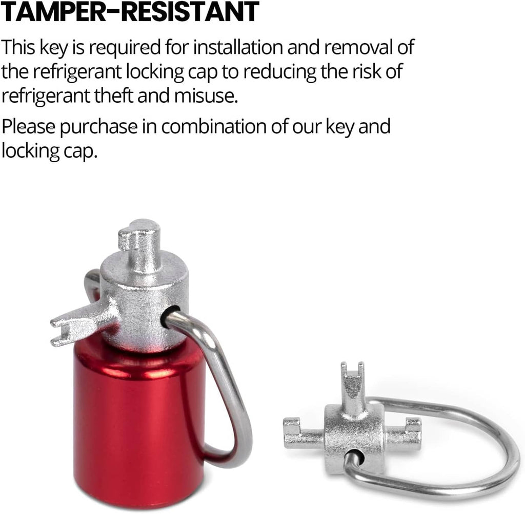 Tamper-resistant refrigerant locking cap key with loop handle and red cap