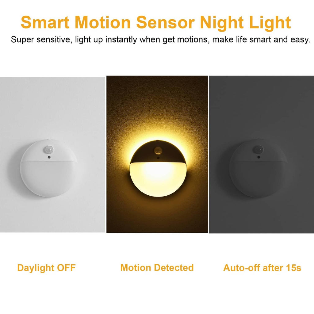 Round motion sensor night light set in white, showing warm yellow glow.