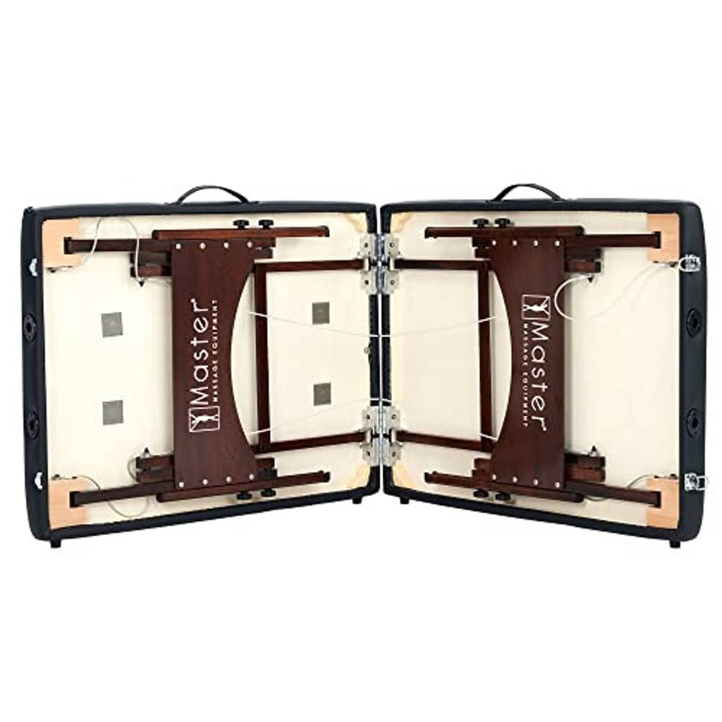 Folding massage table displayed open inside a black protective carrying case