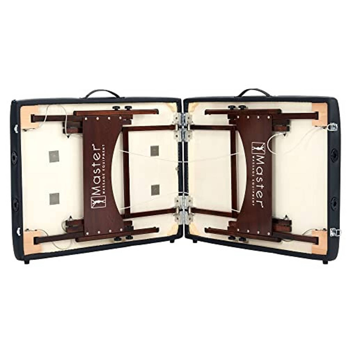 Folding massage table displayed open inside a black protective carrying case