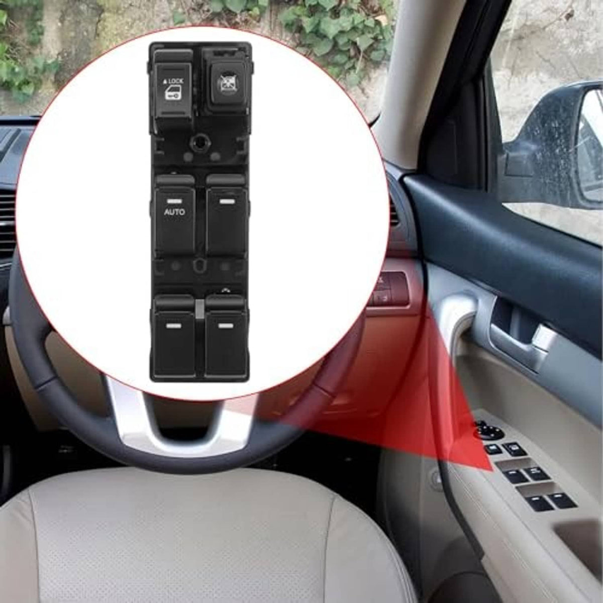 Black power window switch mounted in car door panel with window controls